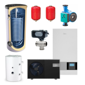 Pachet pompa de caldura aer-apa Midea 8 kW monofazata, pentru incalzire/racire/apa calda menajera + accesorii