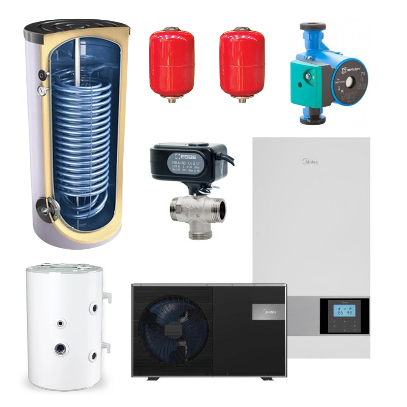 Pachet pompa de caldura aer-apa Midea 8 kW monofazata, pentru incalzire/racire/apa calda menajera + accesorii
